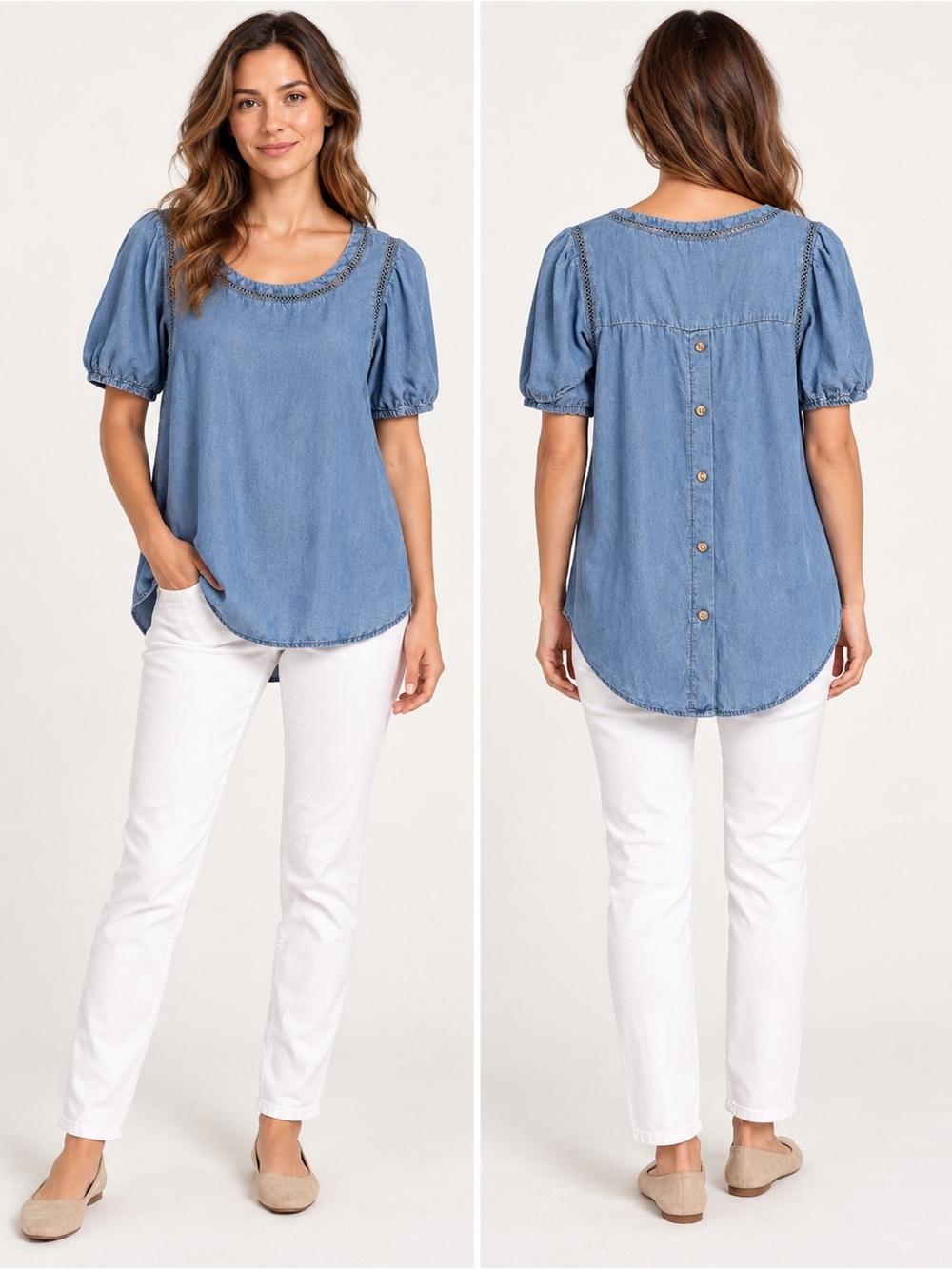 Chambray Puff-Sleeve Women's Blouse with Button-Back